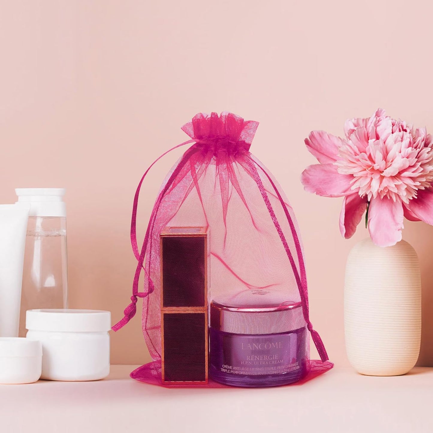 50 Pcs Hot Pink Organza Bags, 4x6 Inch Small Mesh Bags Drawstring Jewelry Pouch Bag Gift Bag Bulk for Wedding Party Favor