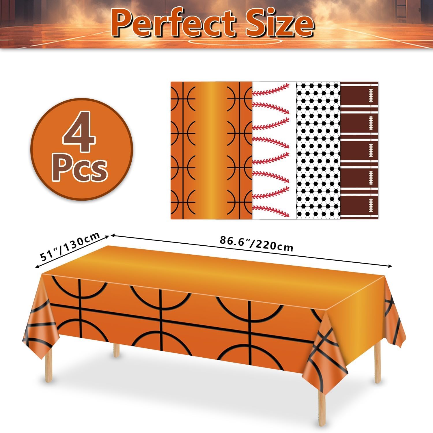 APUXXJUPA 4 Pcs Sports Themed Party Tablecloths, Soccer Baseball Basketball Football Table Covers