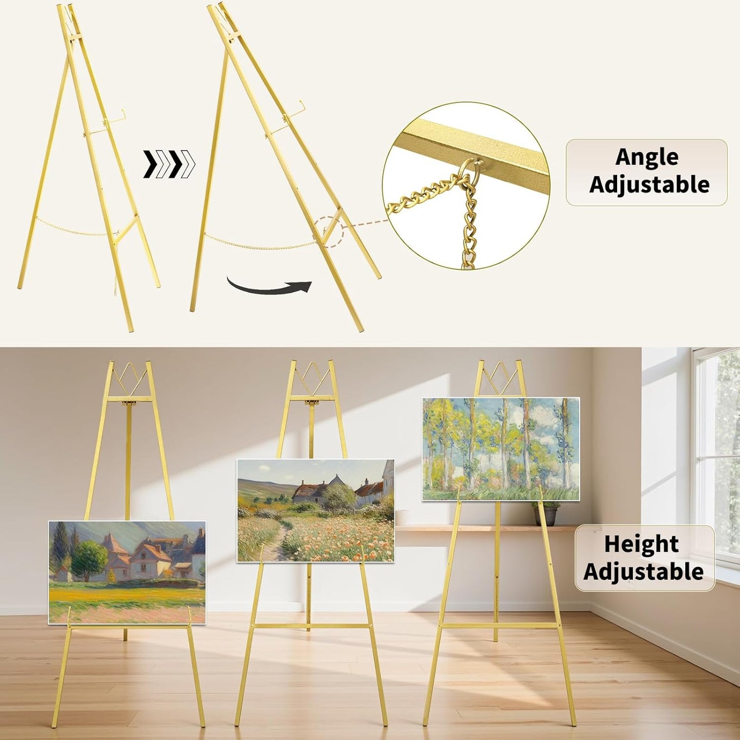 GRENTY 2 Pack Gold Easel Stand for Wedding Signs ??No Assembly Needed, Heavy Duty Metal Display Stand for Art, Welcome Signs, Posters, Pictures, Paintings, and Floor Décor