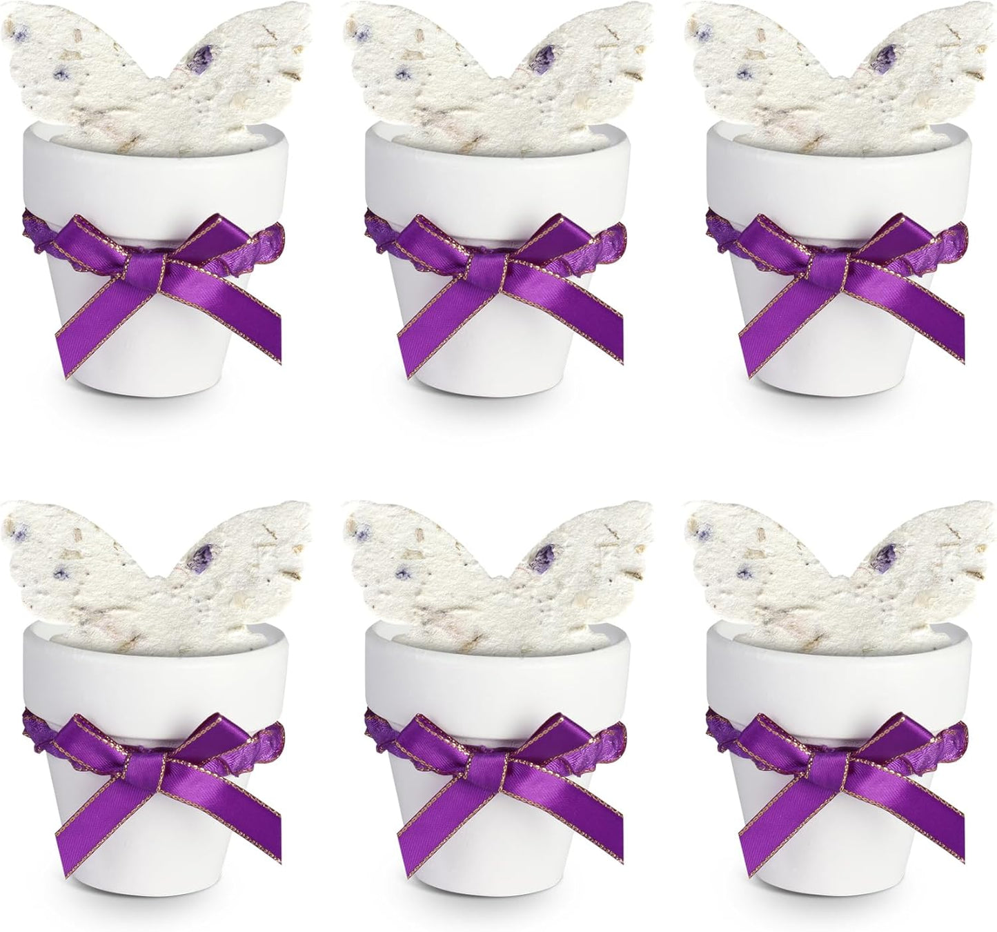 Set of 6 Seed Paper – 6 Purple Butterflies & 6 White Pots with Bow for Baby Shower, Gender Reveal, Birthday, & Other Milestone Celebrations