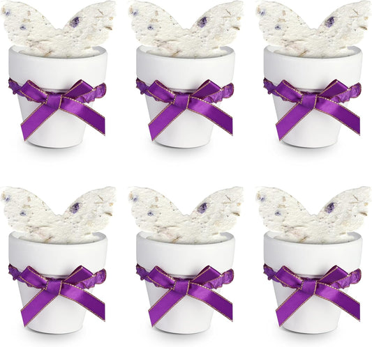 Set of 6 Seed Paper – 6 Purple Butterflies & 6 White Pots with Bow for Baby Shower, Gender Reveal, Birthday, & Other Milestone Celebrations