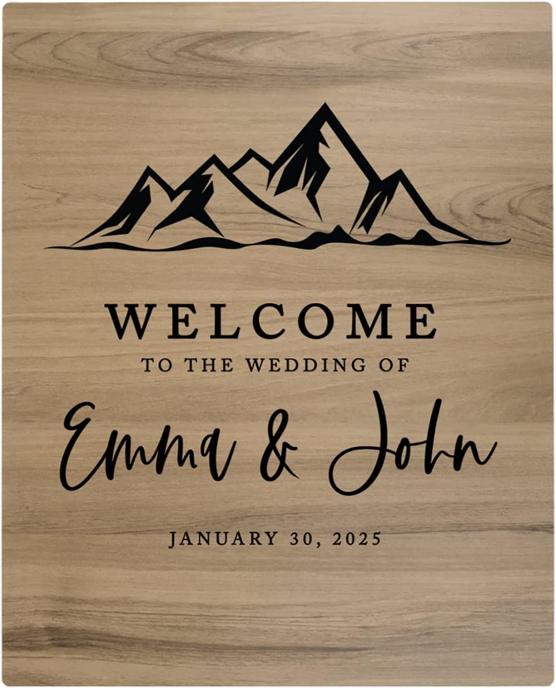 Andaz Press Large Wooden Welcome Sign for Wedding, Rustic Welcome Sign 16" x 20" Custom Names Minimal Mountains Wedding Signage English Oak MDF Wood Finish Wedding Reception Indoor Outdoor Signs