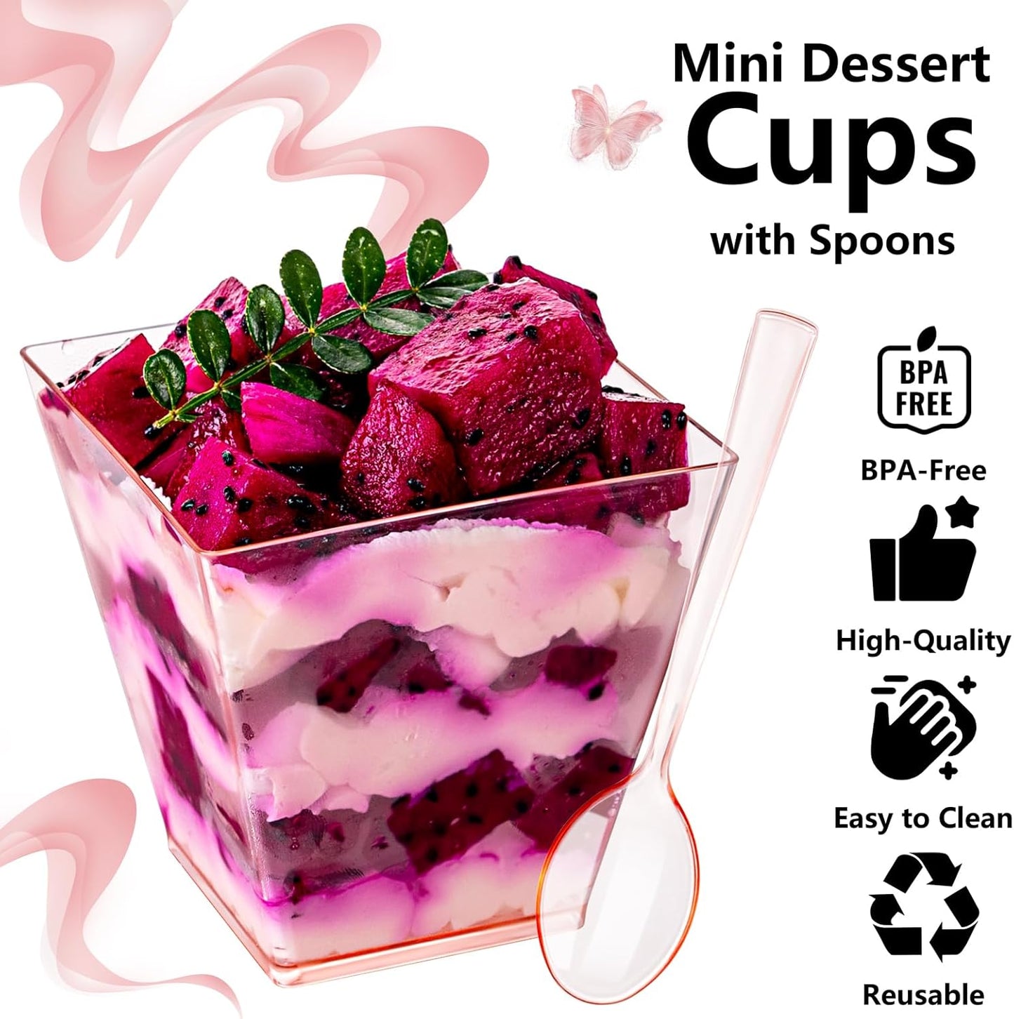 YOUBET 102 PCS Plastic Dessert Cups - 8oz Pink Clear Square Cups - 51 Pack Mini Appetizer Cup with Pink Tasting Spoons for Pudding, Fruit, Yogurt Parfait and Ice Cream