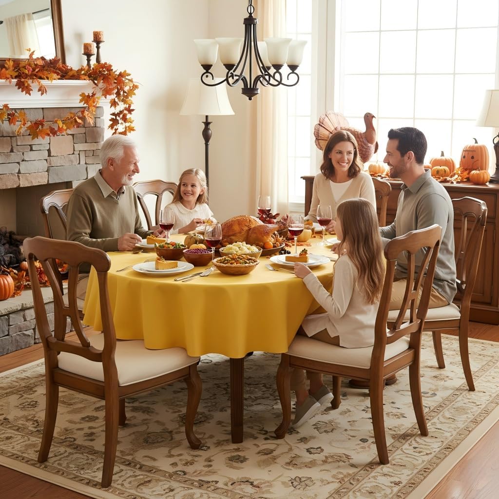 sancua Round Tablecloth - 60 Inch - Water Resistant Spill Proof Washable Polyester Table Cloth Decorative Fabric Table Cover for Dining Tables, Buffet Parties and Camping, Yellow