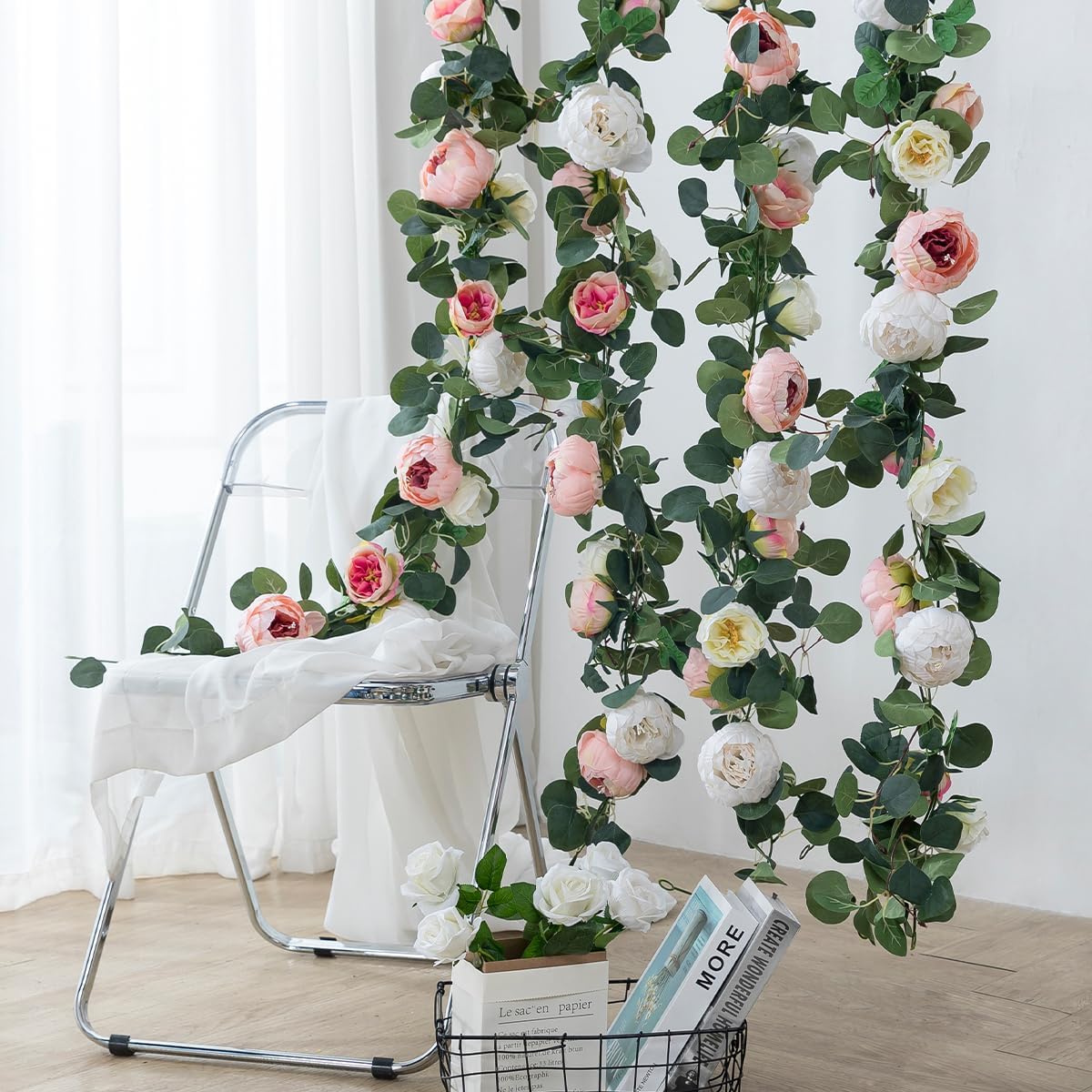 Floweroyal 2 Pack Artificial Flower Garlands 11.2FT Eucalyptus Garlands with Flowers 8 Head Peony Flower Vine Faux Floral Garland for Wedding Arch Table Wall Backdrop Wreath Decoration. (Pink & White)