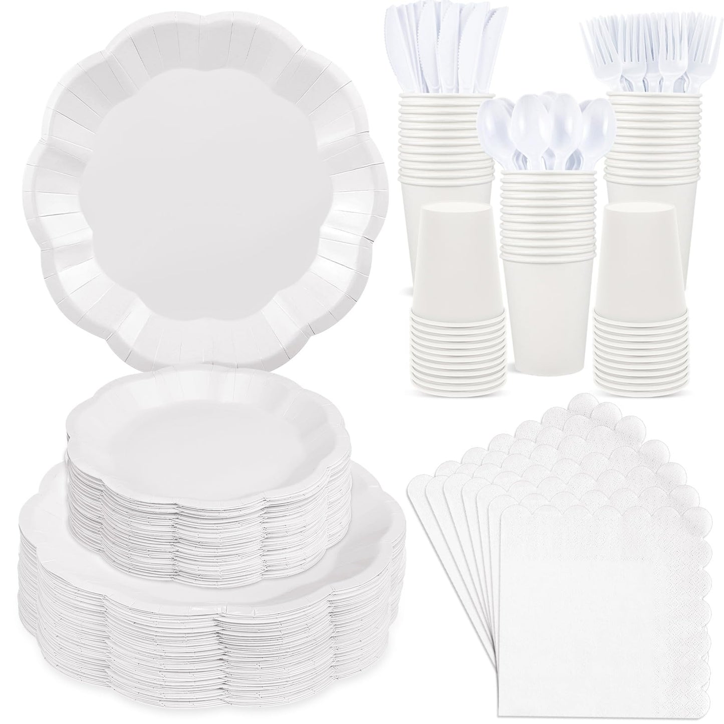 350 Pcs White Party Supplies Include Scalloped Paper Plates and Napkins