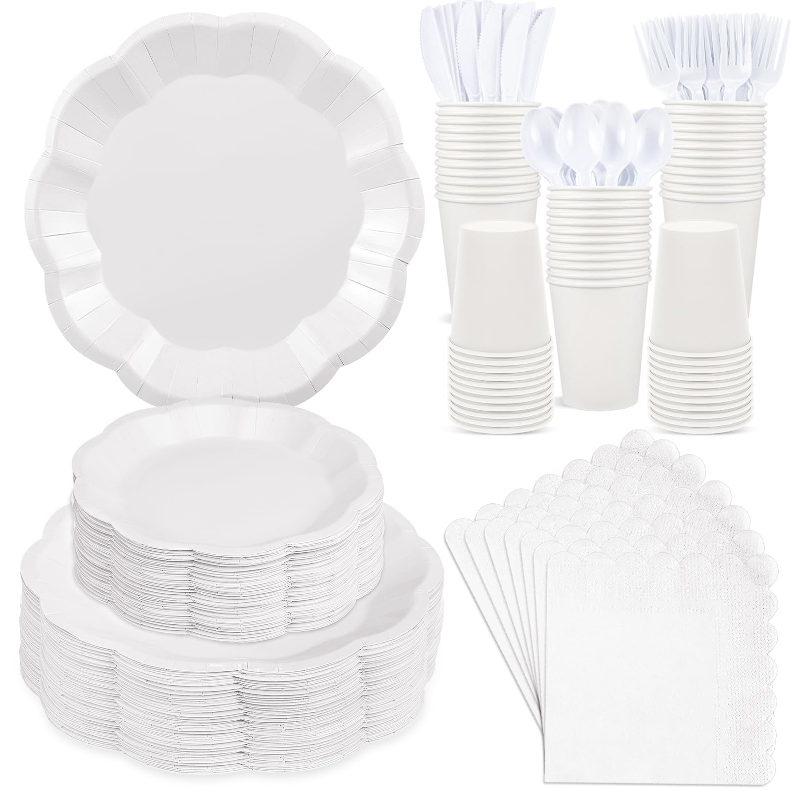 350 Pcs White Party Supplies Include Scalloped Paper Plates and Napkins