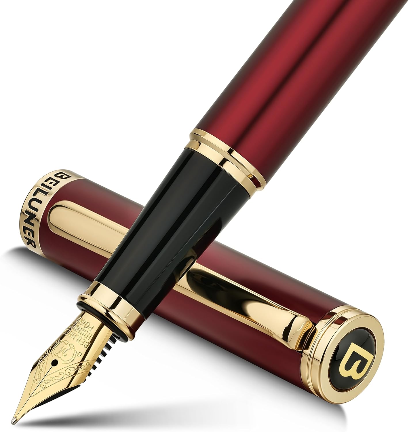 BEILUNER Red Fountain Pen,Stunning Luxury Pens with 24K Gold Finish, Gorgeous 24K Gilded Nib(Medium), Fancy Pen Gift for Men&Women -Ink Converter-Elegant,Professional,Office,Nice Pen for Writing