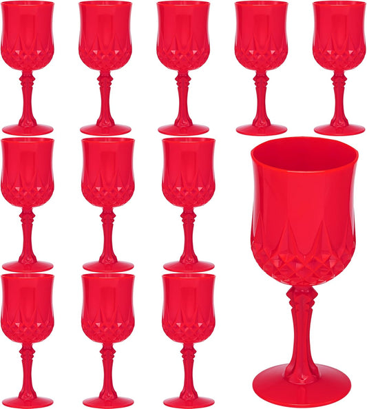 JLYLOL Plastic Vintage Wine Glasses 7OZ Plastic Goblets Vintage Drinking Glasses 12PCS Retro Wedding Glassware Water Goblets Reusable Drinking Cups for Party,Reception,Celebration,Bar,Whiskey(Red)