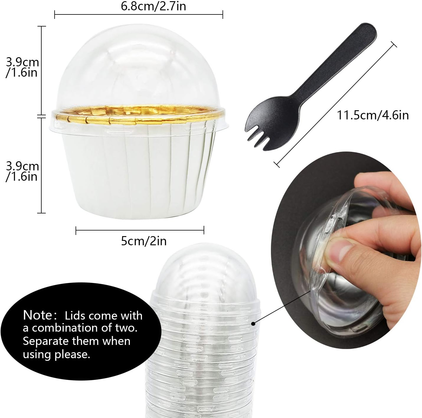 Cupcake Liners with Dome Lids 100Pack, Free-Air 3.5Oz Mini Foil Baking Cups Muffin Liners, Disposable Ramekins Cupcake Tins Cupcake Wrappers for Wedding Birthday Party, with Spoons-White in Gold