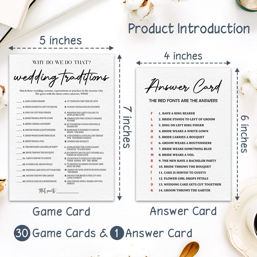 30 Game Cards & 1 Answer Card - Why Do We Do That - Bridal Shower, Engagement, Mr & Mrs, Newlyweds, Wedding Traditional Games, Party Activities & Supplies - B01 White