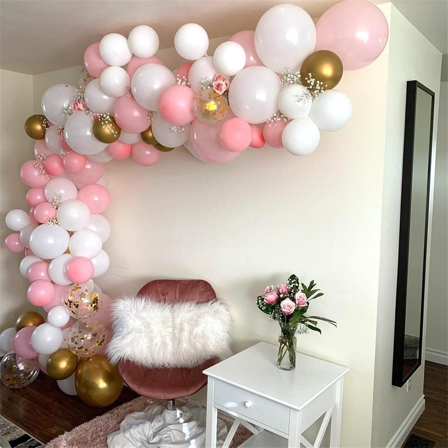 Balloons Pink White Gold, 12 Inch Pastel Pink Pearl White Metallic Chrome Gold Confetti Latex Balloons, Baby Pink Gold Party Balloons Set for Girls Baby Shower Birthday Princess Party Decorations