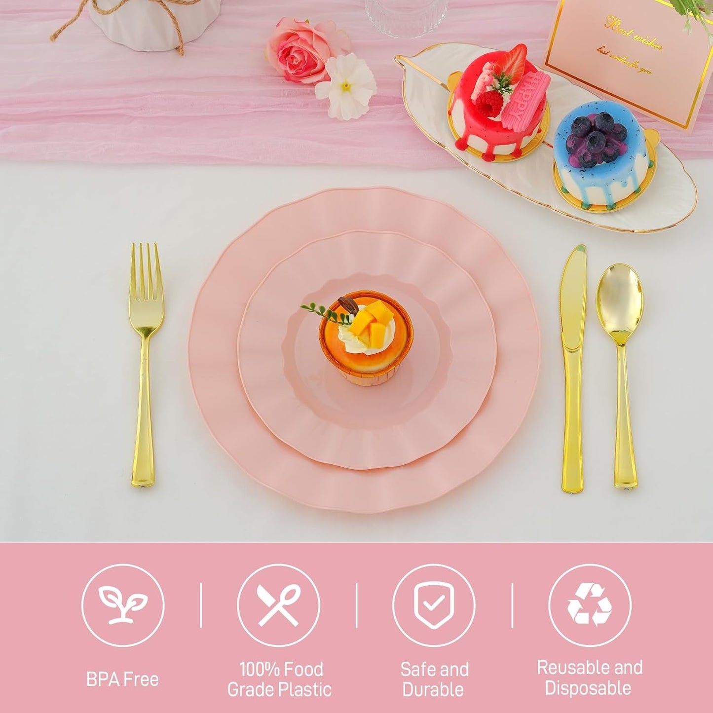 60Pcs Premium Pink Plastic Plates, Fancy Nice Disposable Plate, Elegant Wedding Plates Set include 30 10" Dinner & 30 7" Dessert Plates for Party & Wedding（30Guests