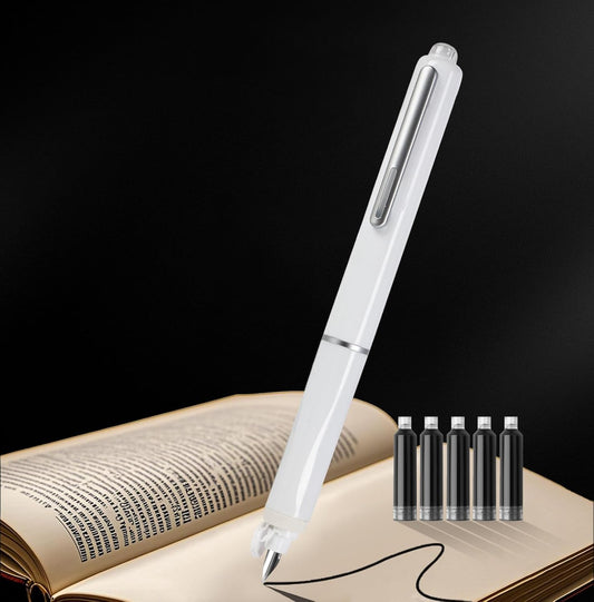 Retractable Fountain Pen Set, Click Fountain Pen Fine Nib, Capless Fountain Pen, Click-to-Write Pen with 5 Black Ink Cartridges, for Writing Journaling Sketching Drawing Calligraphy White