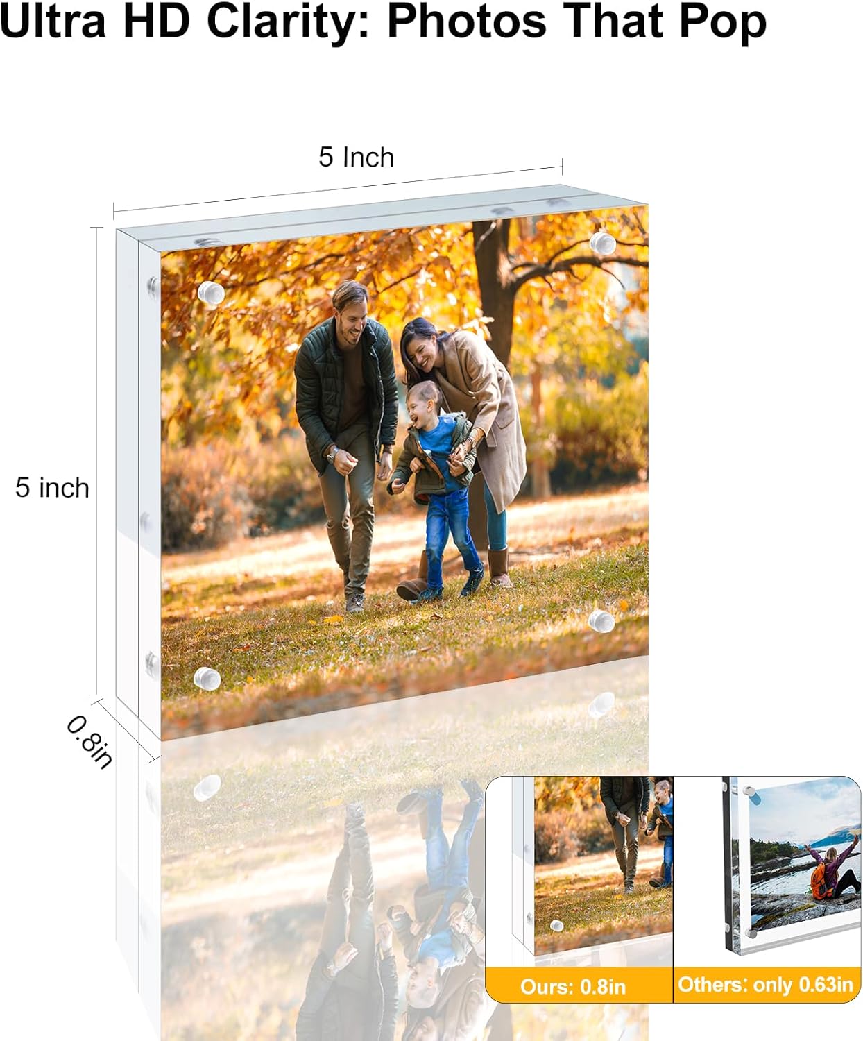 3 Pack 5x5 Acrylic Picture Frames - 20% Thicker Double Sided Magnetic Frame with UV Protection - Freestanding Clear Frameless Display for Tabletops - Modern Photo Frame Set for Home & Office Decor