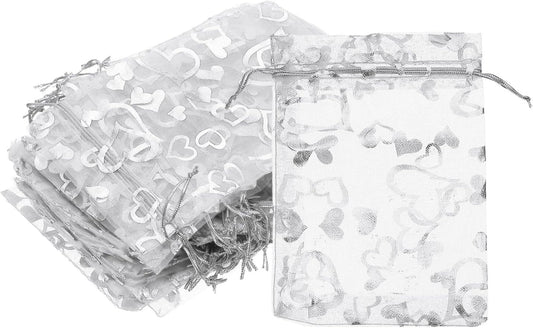 PATIKIL 50 Pcs 4x6 Inch Heart Printed Organza Bags, Silver Sheer Heart Organza Bags with Drawstring for Christmas Candy Jewelry Party Wedding Favor Gift
