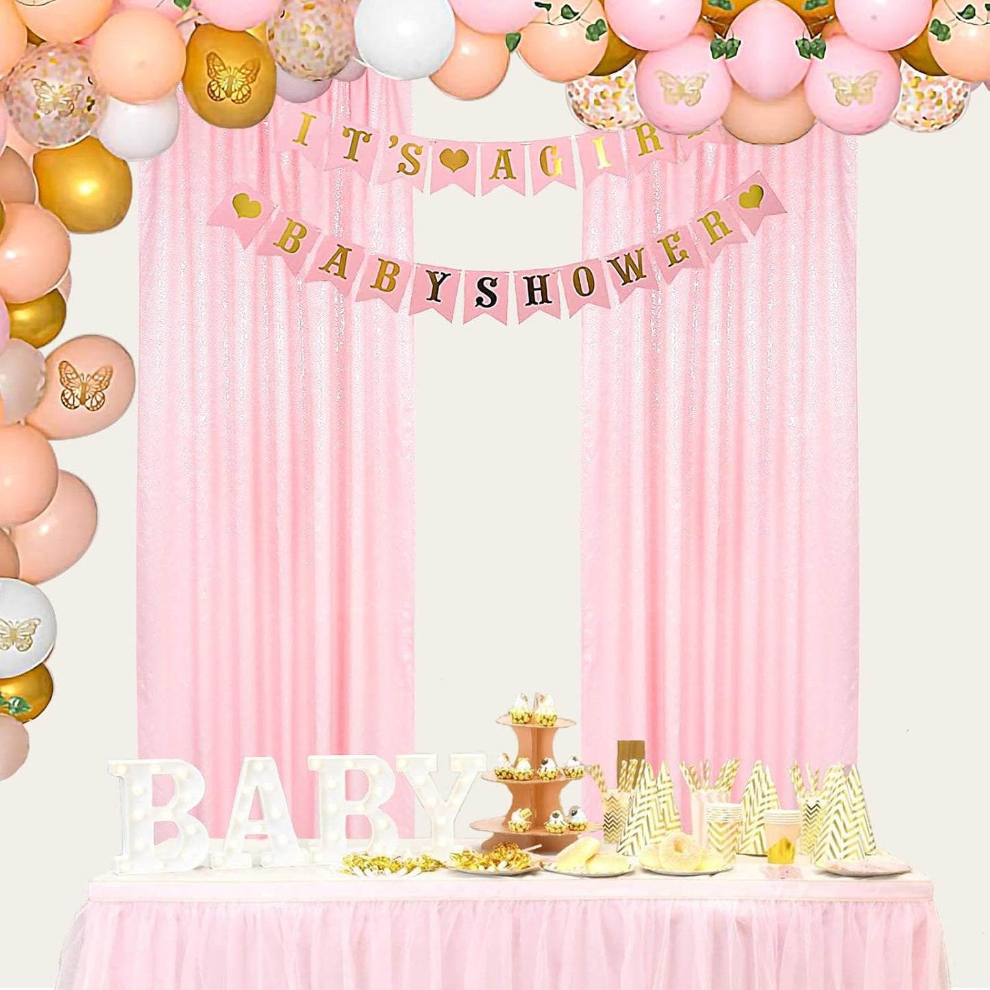 ShinyBeauty Sequin Curtains 4 Panels Baby Pink | 2Ft x 8Ft Sparkle Photo Backdrop | Shimmer Background for Parties & Events | Perfect for Baby Showers & Weddings | Durable & Elegant