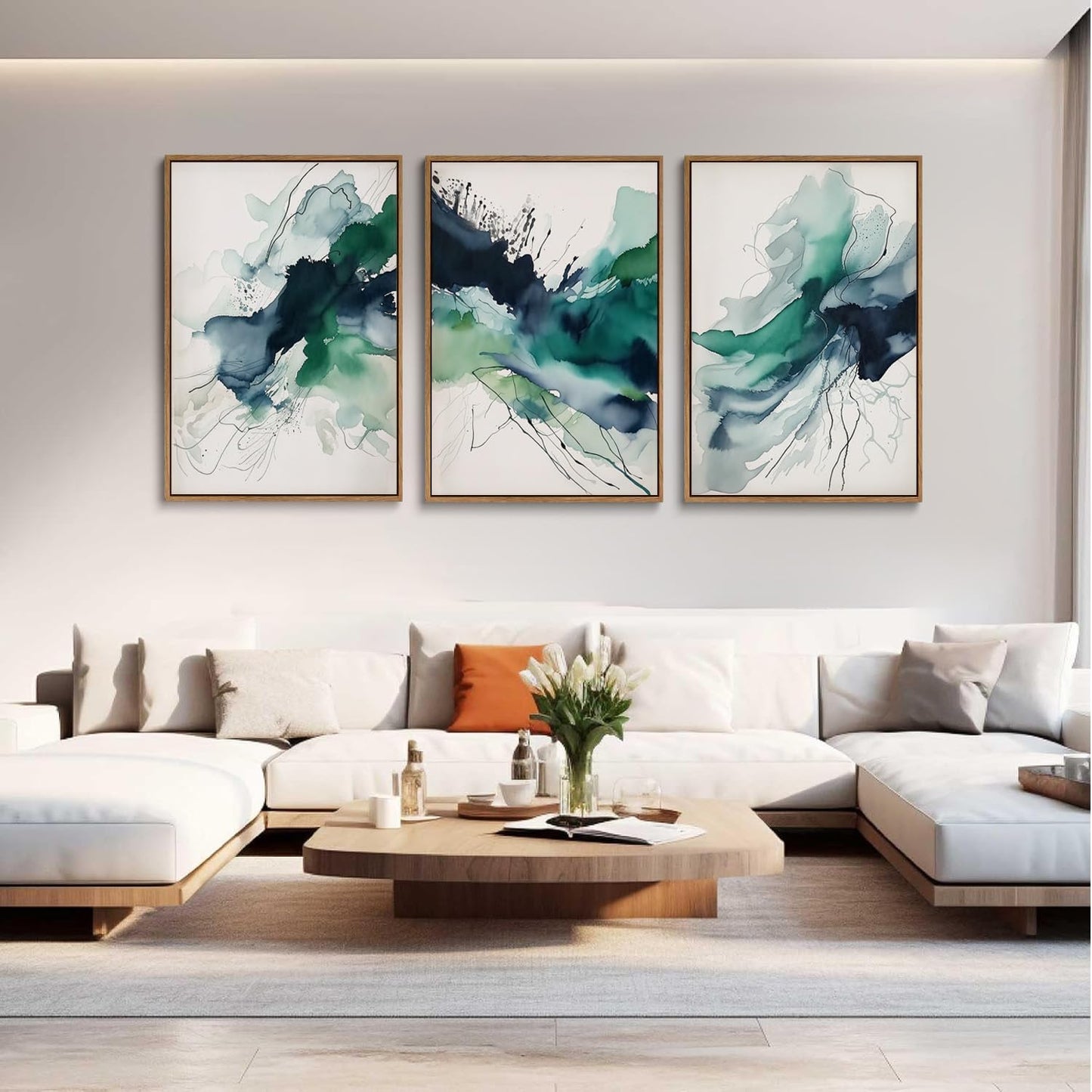 myusuar 3 Piece Large Abstract Framed Wall Art For Living Room, Smoke Texture Ink Emerald Green Canvas Wall Art Modern Minimalist Art Prints Wall Décor For Bedroom Office 12x16in