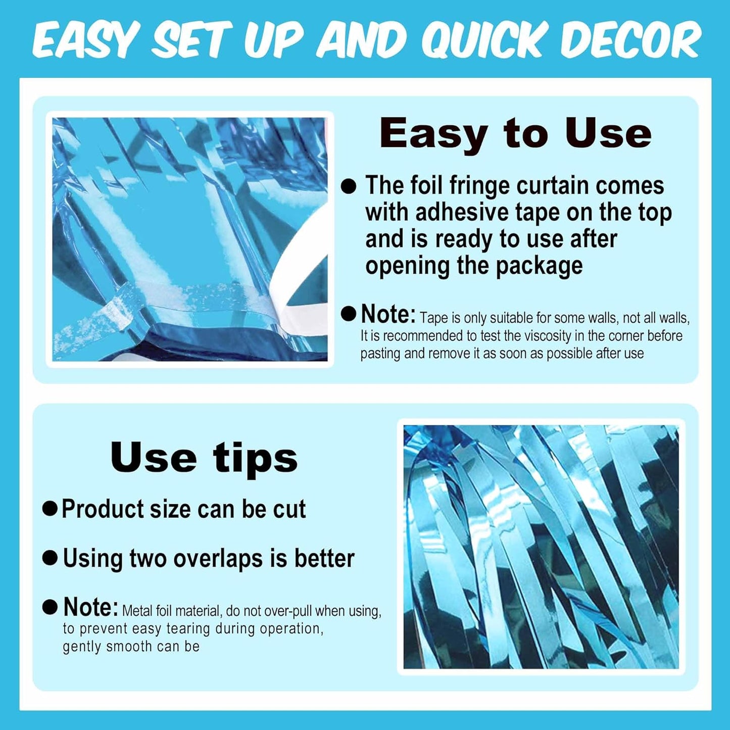 3 Pack Light Blue Foil Fringe Curtains Backdrop, 3.28 x 9.8 Ft Metallic Streamers Tinsel Curtains Background for Photo Booth, Birthday, Halloween, Christmas, Thanksgiving, New Year Party Decorations