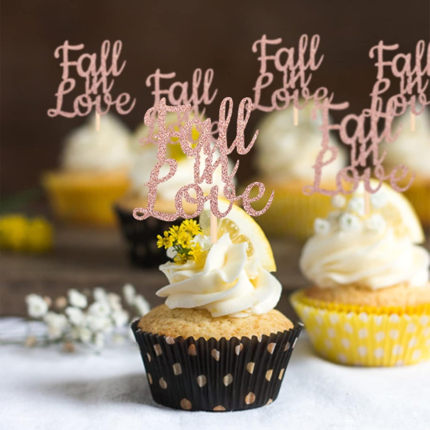 24 PCS Fall in Love Cupcake Toppers Glitter Bridal Shower Cake Picks Decorations for Wedding Engagement Anniversary Birthday Party Supplies Rose Gold