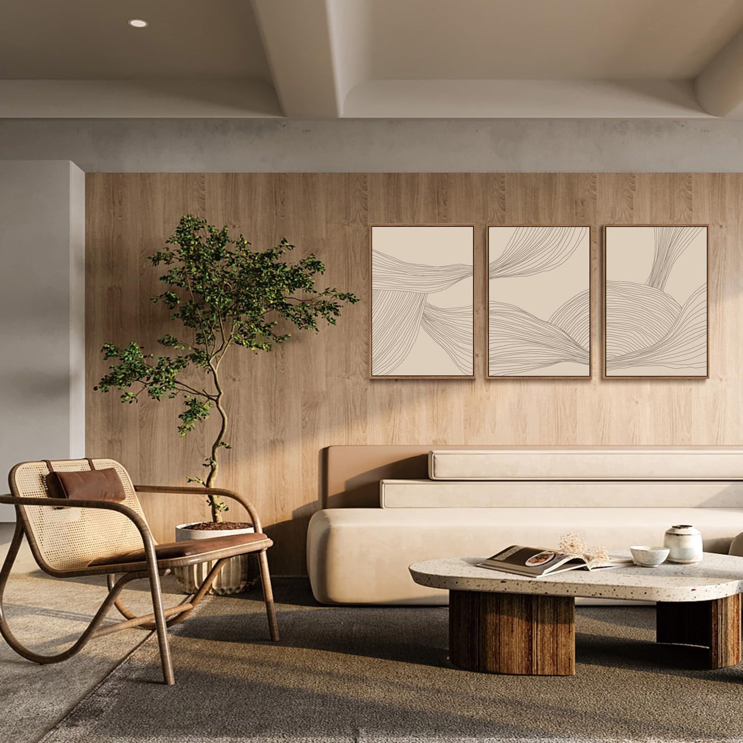 myusuar 3 Piece Large Modern Abstract Canvas Framed Wall Art For Living Room, Beige Minimalist Wall Art Decor Posters Prints For Bedroom Office, 16x24in