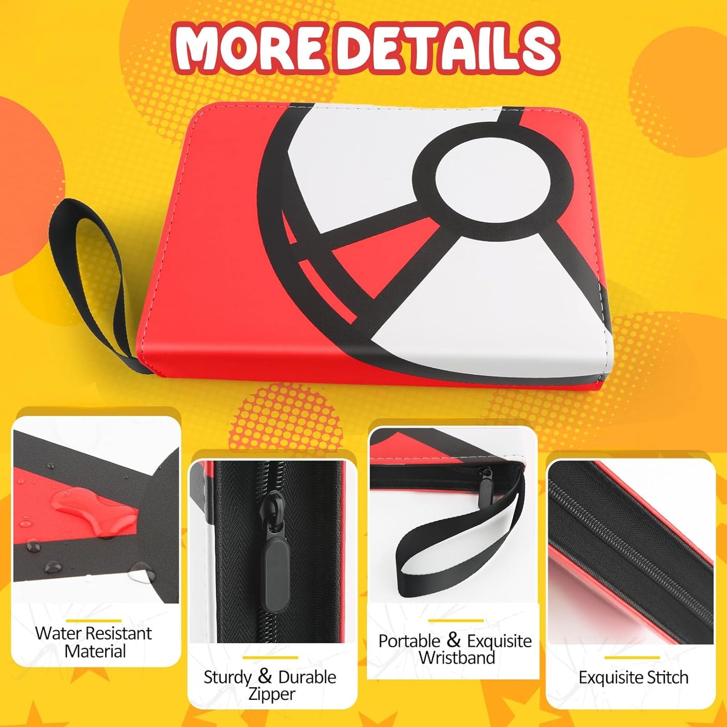 Trading Card Binder 4-Pockets, 400 Pockets Card Holder with 50 Removable Sleeves, Large Capacity & Waterproof Zipper Album Holder for Trading Card Collector, Portable Card Album Book for Game Card-Red