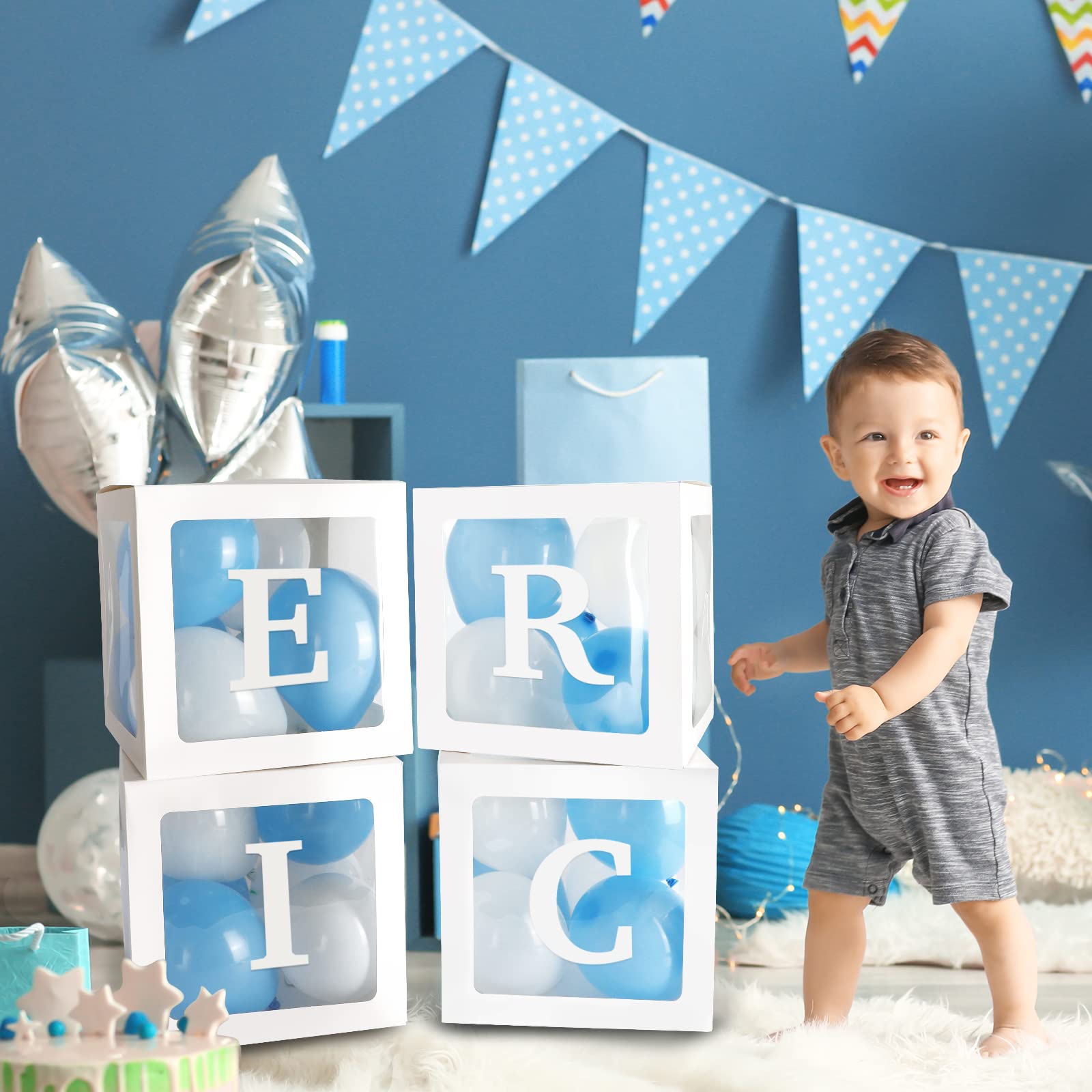 RUBFAC Baby Boxes with Letters and 36 Balloons, 4pcs Clear Balloon Boxes for Gender Reveal Baby