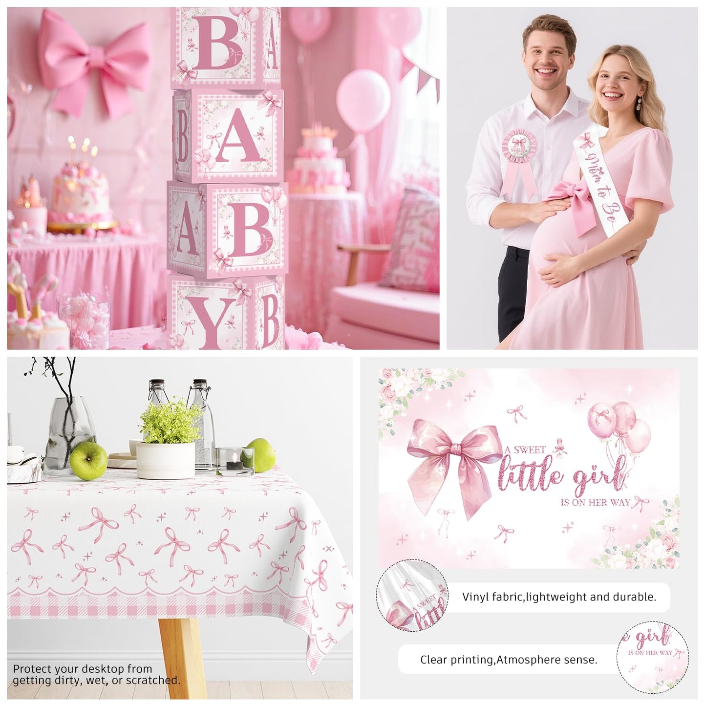 Cocomigo Pink Bow Baby Shower Decorations, All-in-One Party Set Serves 20