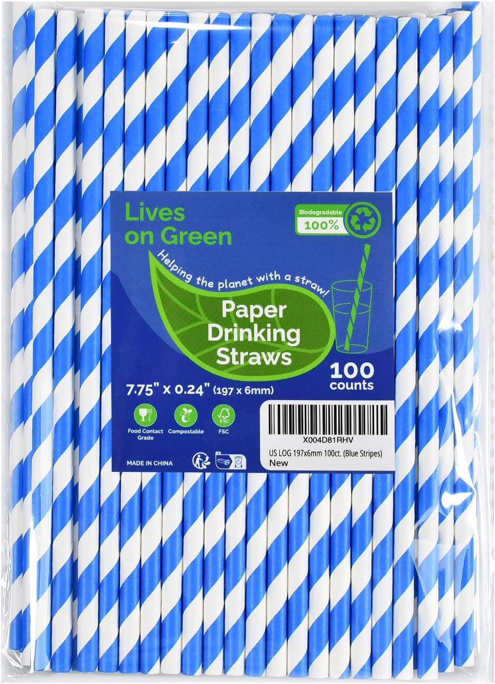Blue Stripes Disposable Paper Party Straws for Drinking 7.75 inch 100 Counts, Compostable - for Cocktail, Coffee, Juice