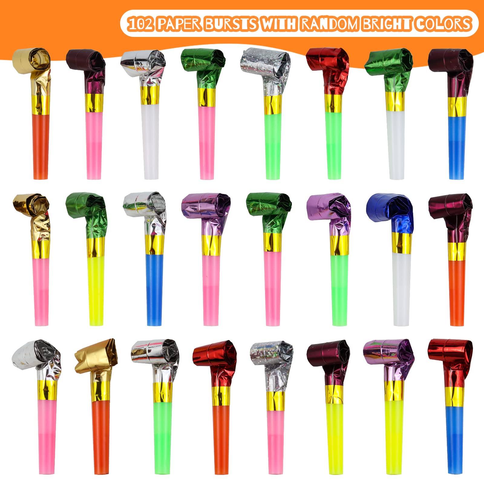 WEOXPR 144Pcs Noisemakers Blowouts Horns Bulk, 2 Styles (Paper + Fringed Metallic) Party Blowers
