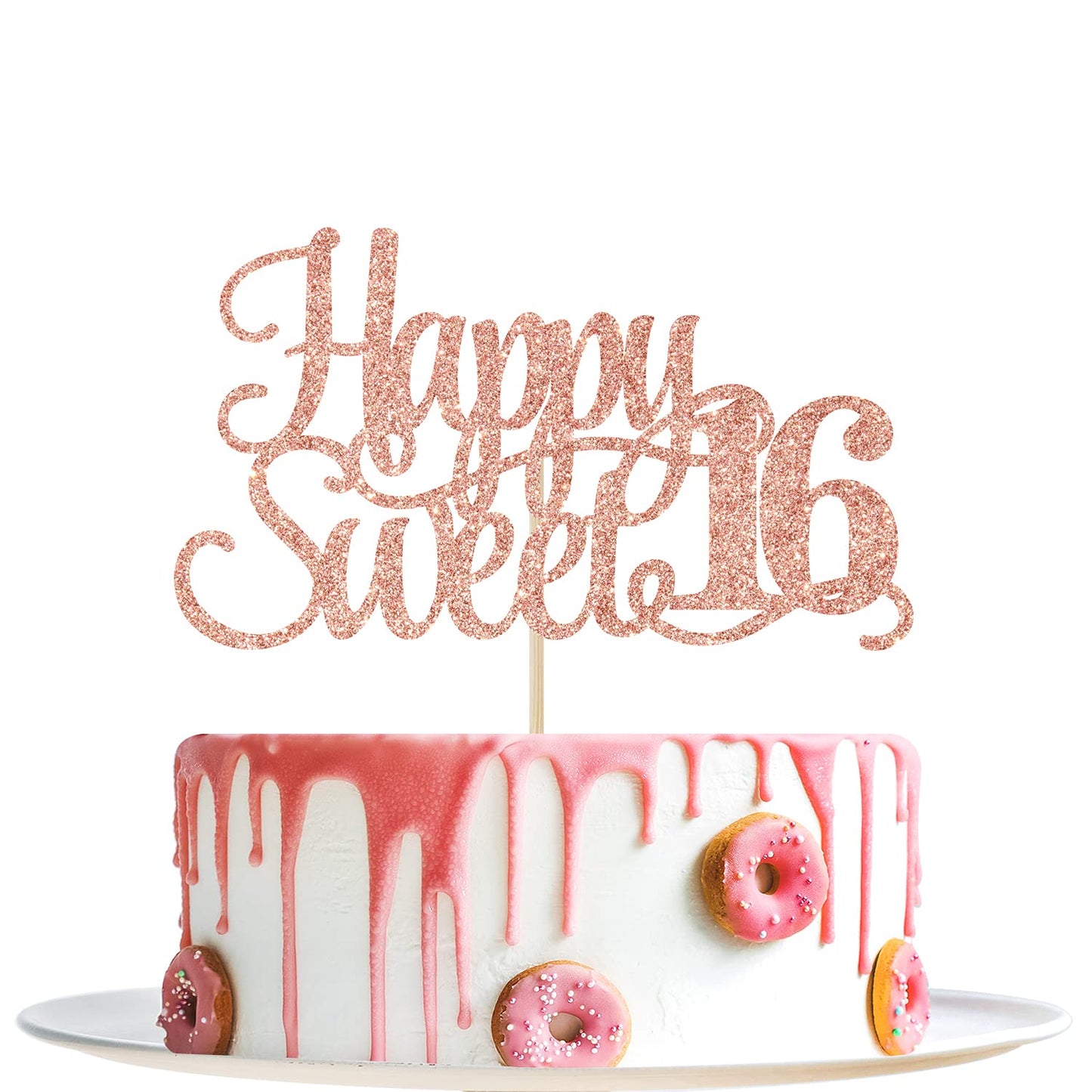 Rose Gold Glitter Happy Sweet 16 Cake Topper - Happy 16th Birthday Cake Decor - Hello 16, Cheers to