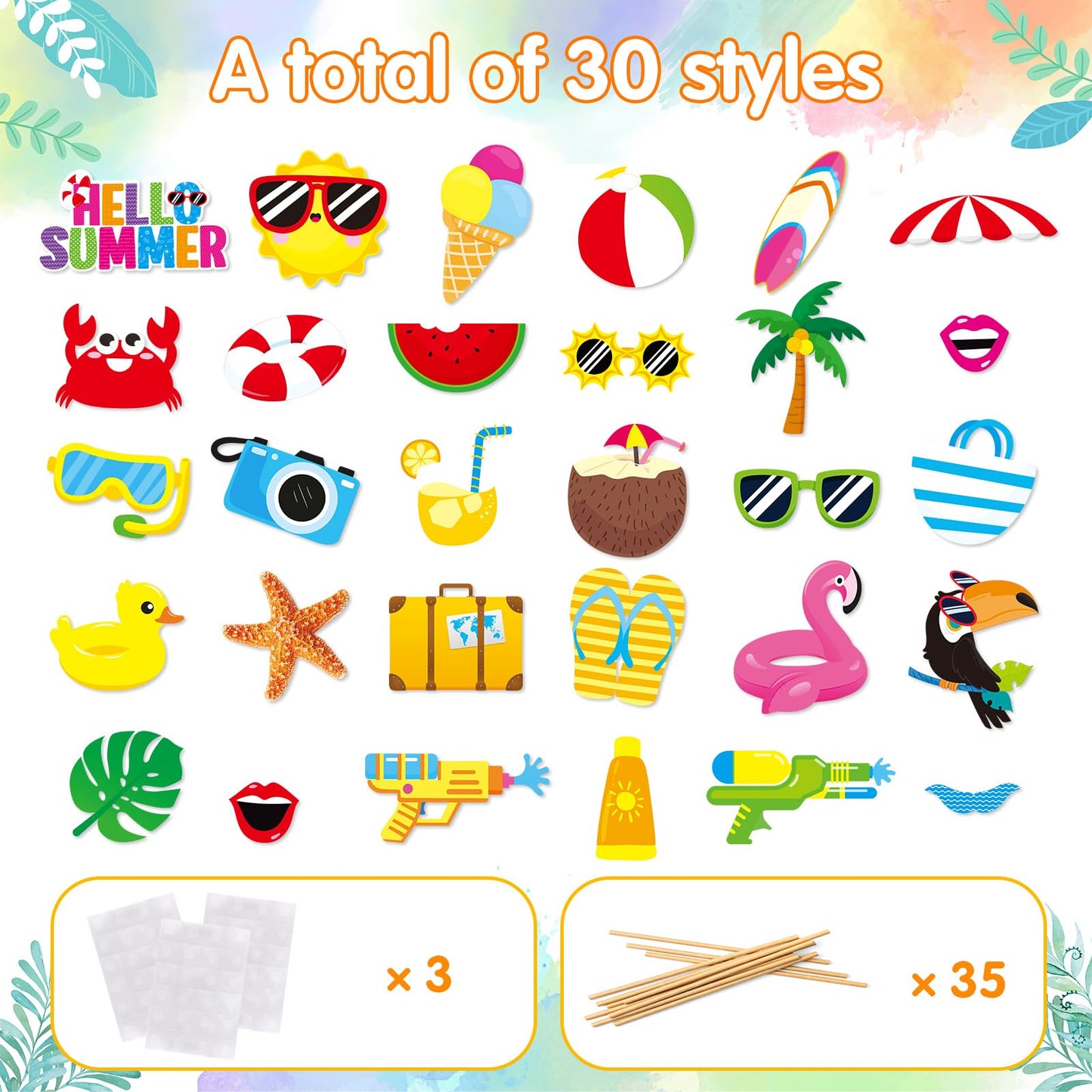 Summer Pool Beach Photo Booth Props 30 Pack Pool, Hawaiian, Beach, Luau Photo Booth Props, Tropical