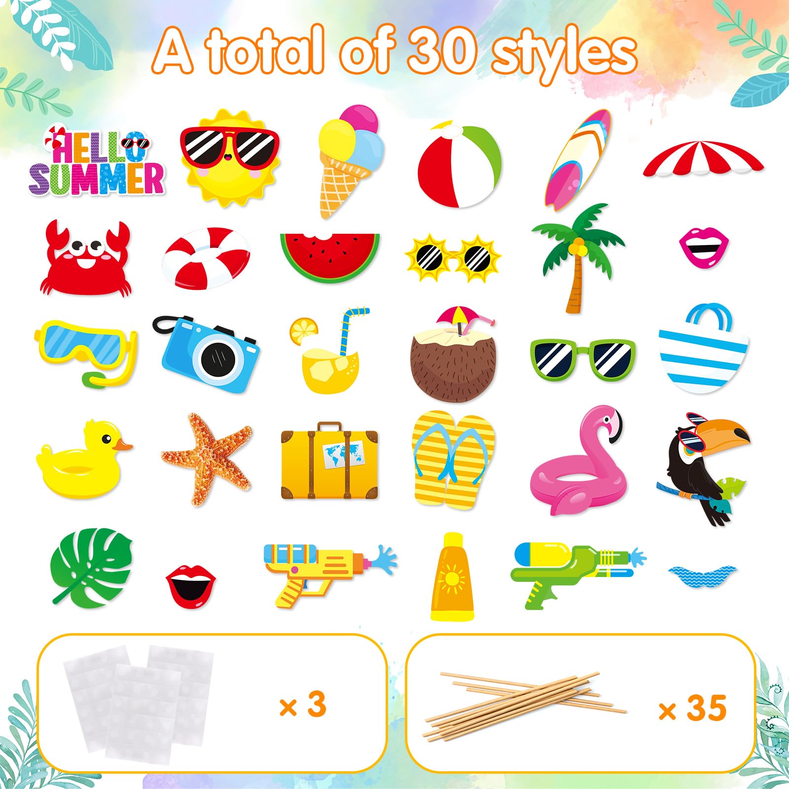 Summer Pool Beach Photo Booth Props 30 Pack Pool, Hawaiian, Beach, Luau Photo Booth Props, Tropical