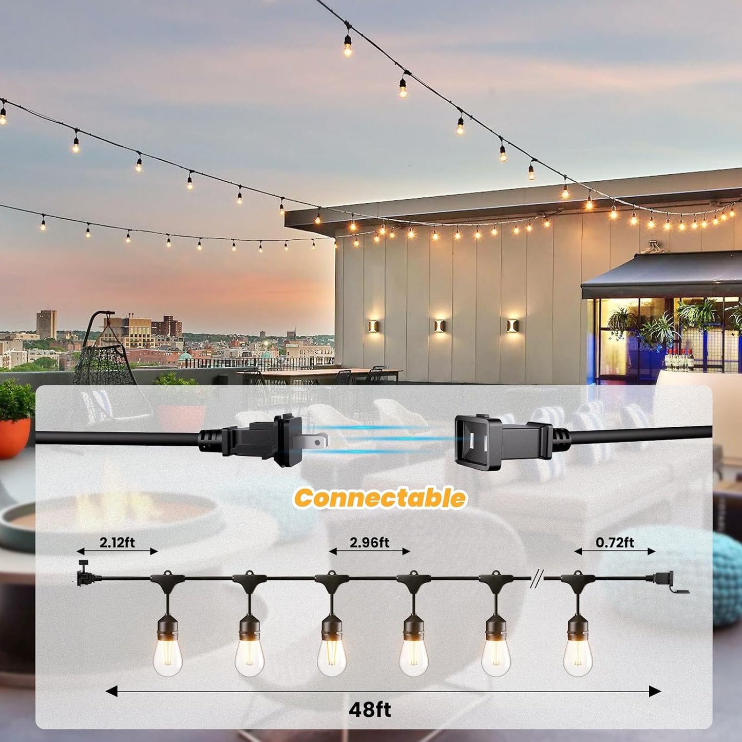 Svater 144 FT Outdoor String Lights 2W, Patio Light for Outside with 48 Antique S14 Plastic LED Bulbs, IP65 Waterproof Hanging Cafe Market Lighting, ETL-Listed Dimmable Warm White (48 FT x 3)