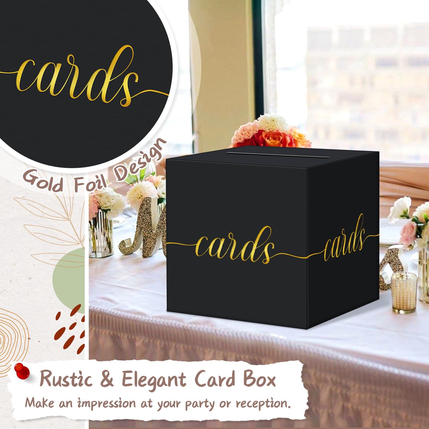 QIKSION Elegant Card Box for Party, Gold Foil Graduation Card Box, Black