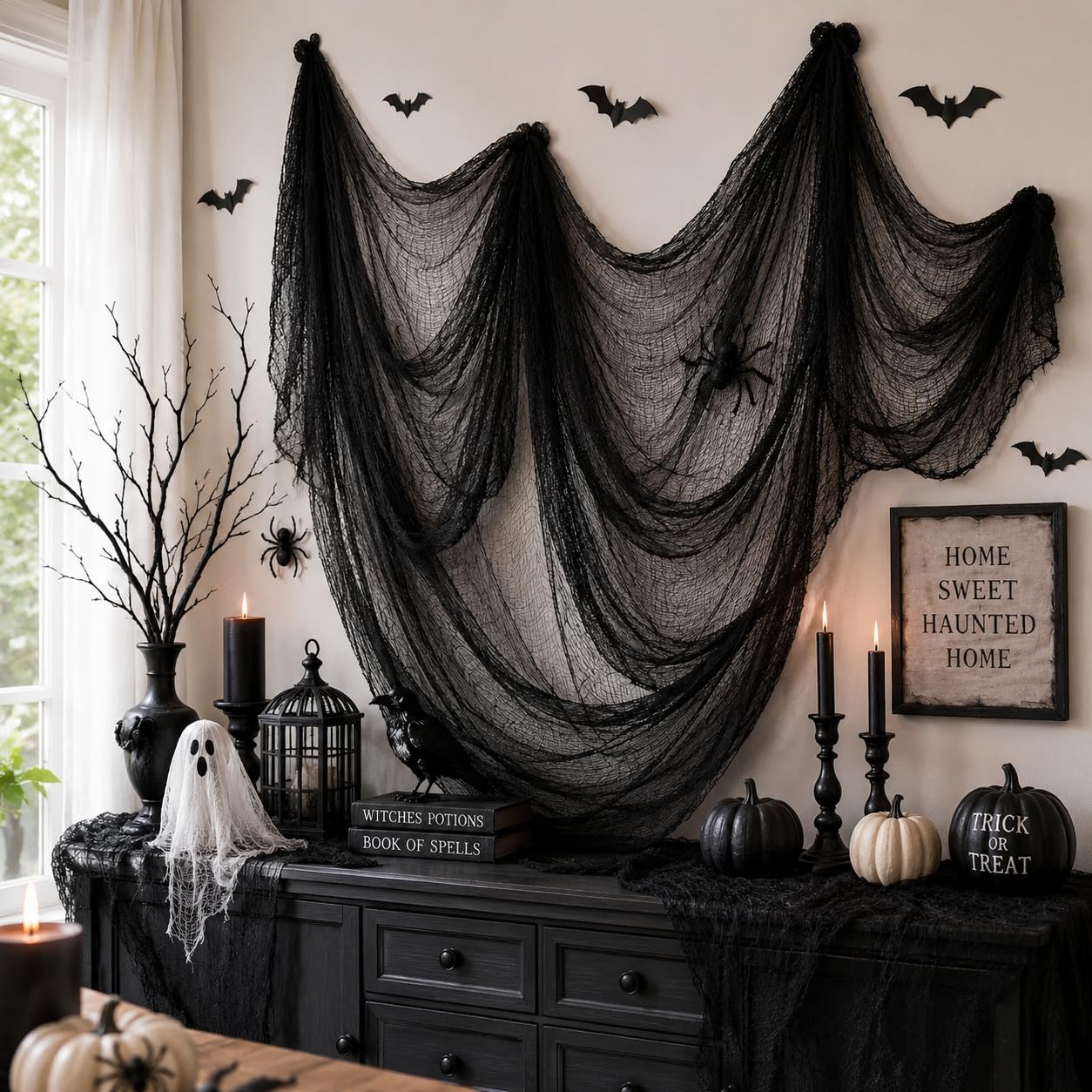 5 Pcs Black Halloween Gauze Creepy Cloth Fabric Tapestry Decor Decorations