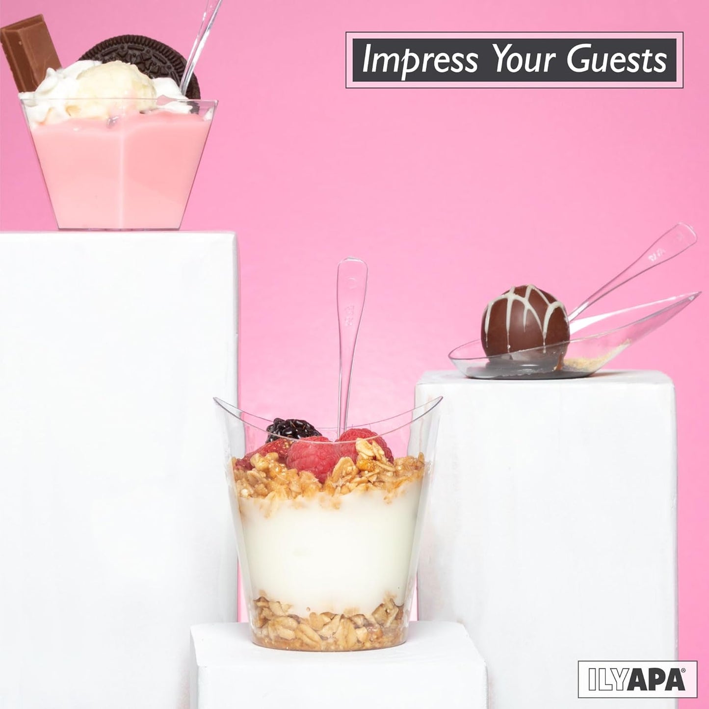 Ilyapa 4oz Plastic Dessert Cups - 100 Pack Mini Dessert Cups with Spoons - Clear Reusable Small Appetizer Cup for Cheesecake Shooters, Chocolate Mousse, Parfait - Party and Catering Supplies - Round