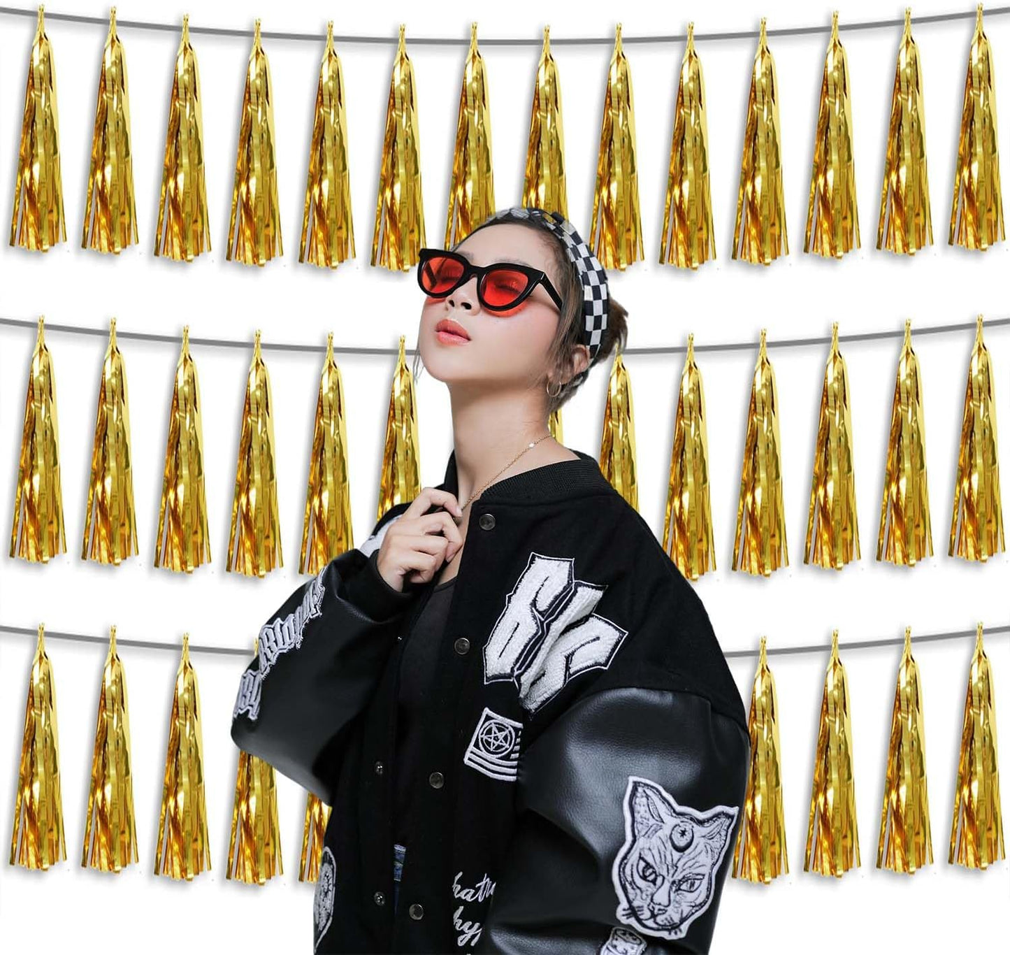 3P Metallic Fringe Tassel Banner Garland Foil Tinsel Streamer Wall Hanging Curtain Backdrop Banner for Parade Floats, Graduation Decorations, Wedding Party Decoration(Gold)