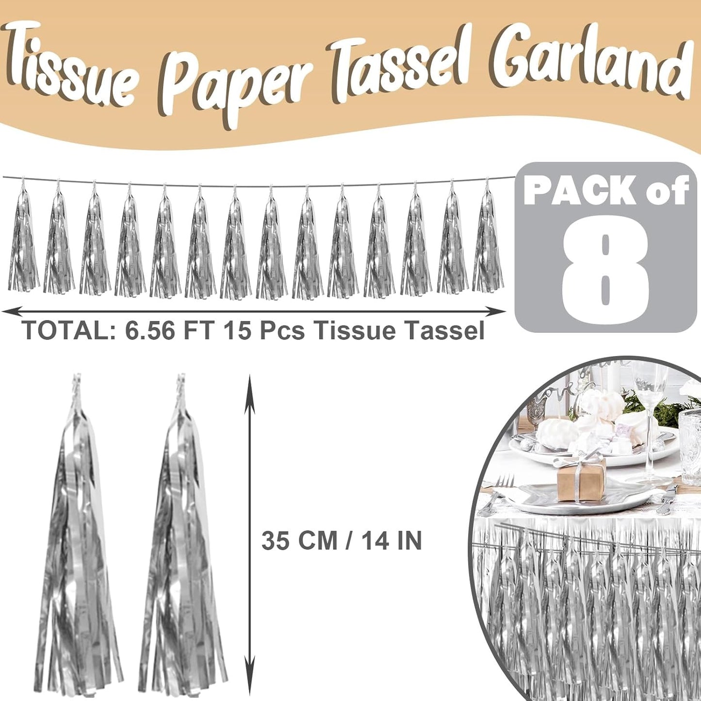 8P Silver Foil Fringe Metallic Tassel Streamers Banner Tassel Garland for Parade Floats, Bachelorette, Wedding, Birthday, Halloween, Christmas, Bridal/Baby Shower Party Decorations