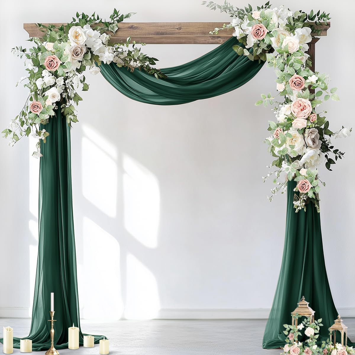 Socomi Wedding Arch Draping Fabric 2 Panels 29" x 19Ft Emerald Green Sheer Chiffon Curtain Drapes 6 Yards for Wedding Ceremony Birthday Party Decoration