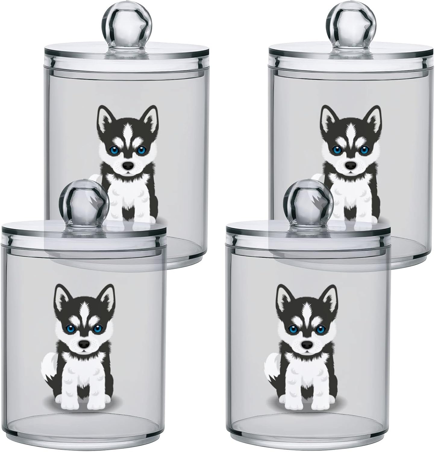 2 Pack Qtip Dispenser Apothecary Jars Dog Bathroom Organizer, Siberian Husky Puppy Qtip Holder Storage Canister Plastic Acrylic Jar for Cotton Ball/Swab/Rounds