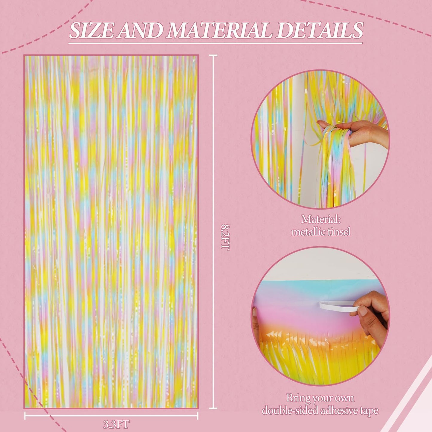 3 Pack Foil Fringe Backdrop - PastelRainbow Shiny Tinsel Curtains for Party Decoration/Photo Booth Props - 3.3x8.2 FT Metallic Foil Backdrop for Birthday, Wedding, Graduation, Christmas.