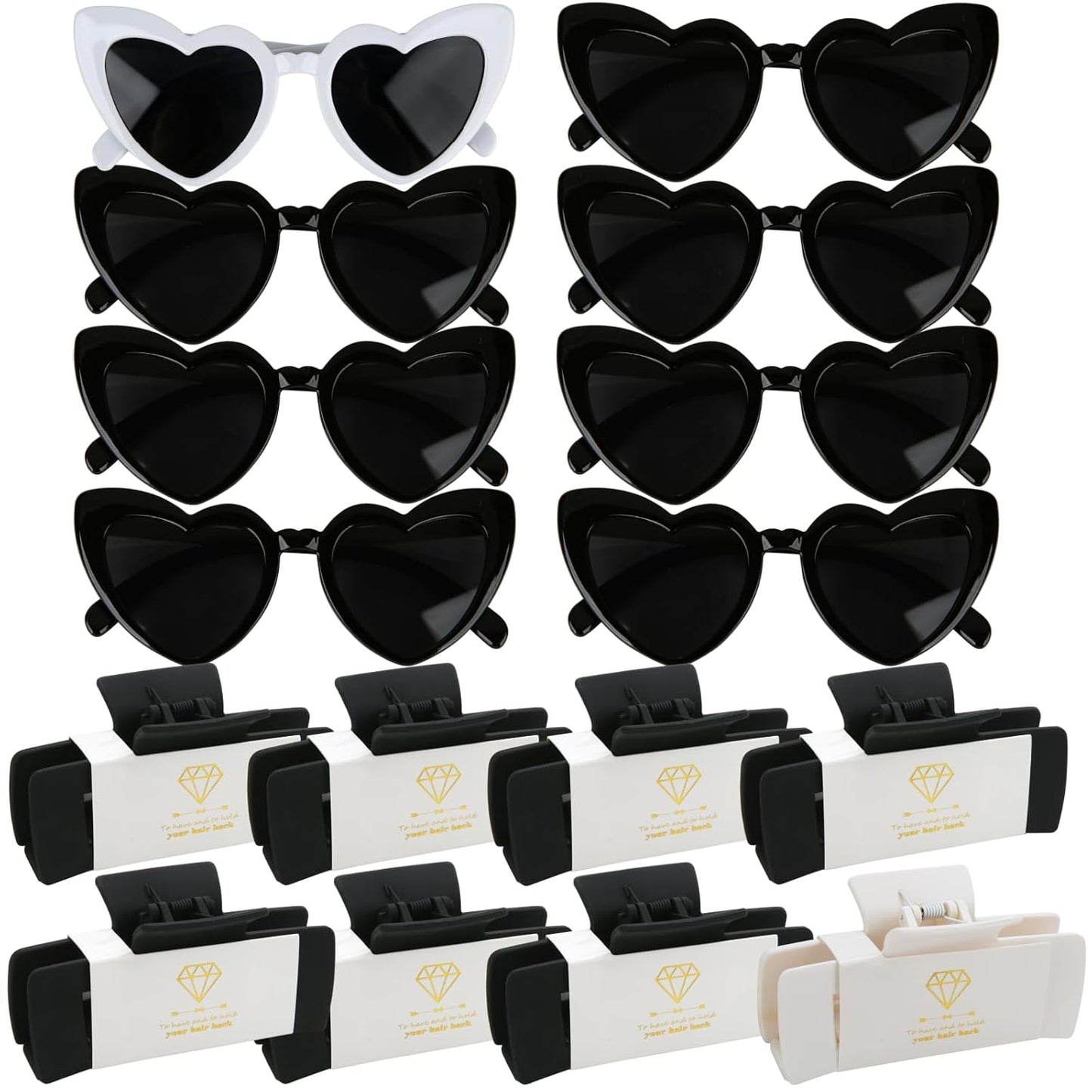 16pcs Bridesmaid Proposal Gifts 4.1inch square Matte Bachelorette Claw Clips Sunglasses set of 12 Girls Trendy Cute Hair Clips for Wedding Party Favors(16pcs White&Black)