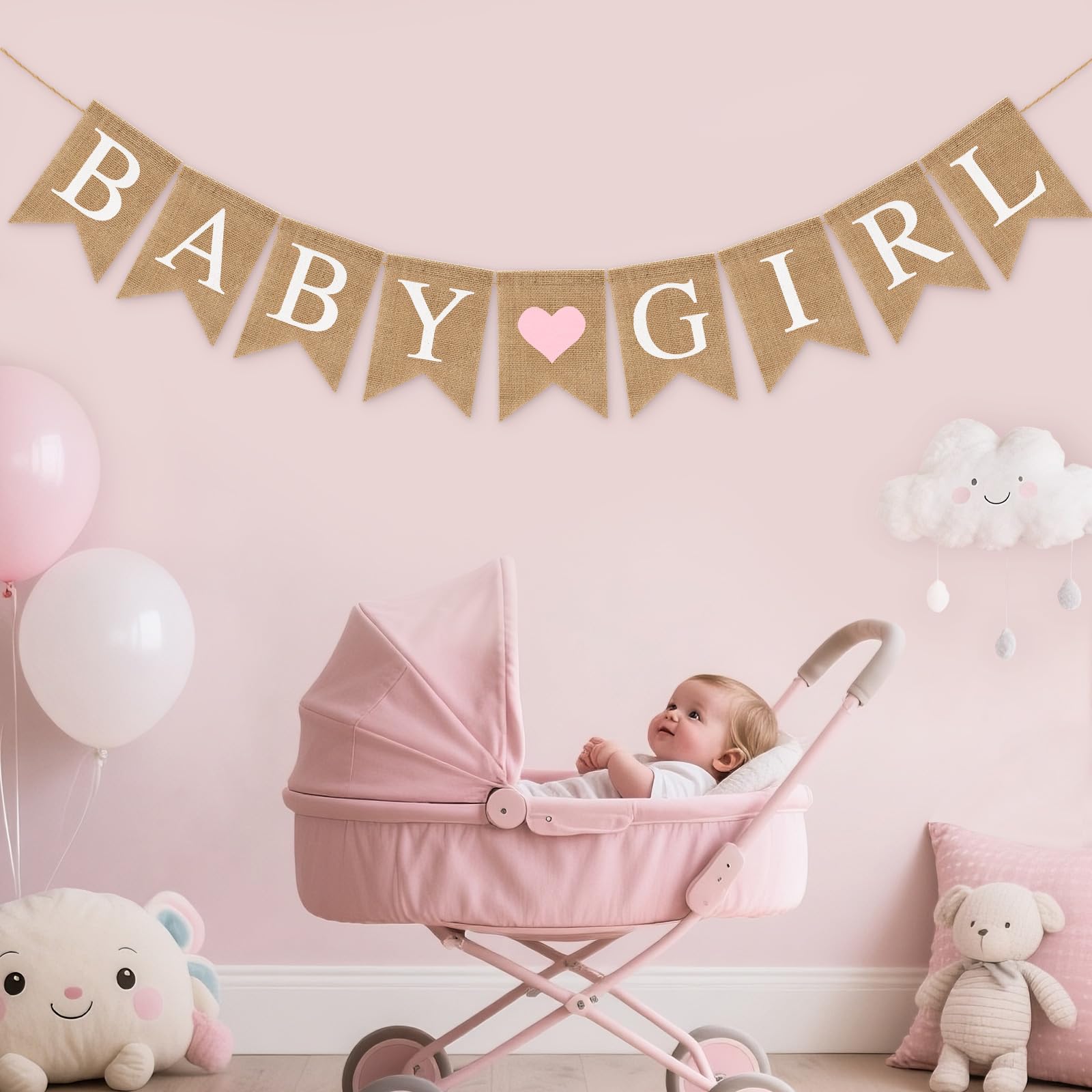 Pre-Strung Baby Girl Burlap Banner, Gender Reveal Banner for Baby Shower Party Decorations (Light