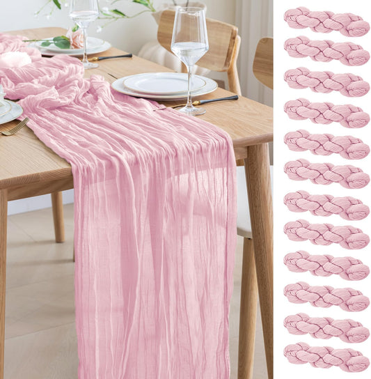 Asee'm 12pcs Cheesecloth Table Runner 120 Inches Blushing Pink Boho Gauze Cheese Cloth Runner 10FT Rustic Sheer Table Runners for Summer Wedding Baby Shower Holiday Party Decoration