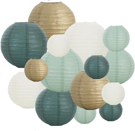 BEISHIDA 16 Pcs Sage Green Gold Paper Lanterns,Hanging Decorative Chinese Japanese Round Paper Lantern Lamp for Birthday Wedding Baby Bride Shower Home Party Decoration