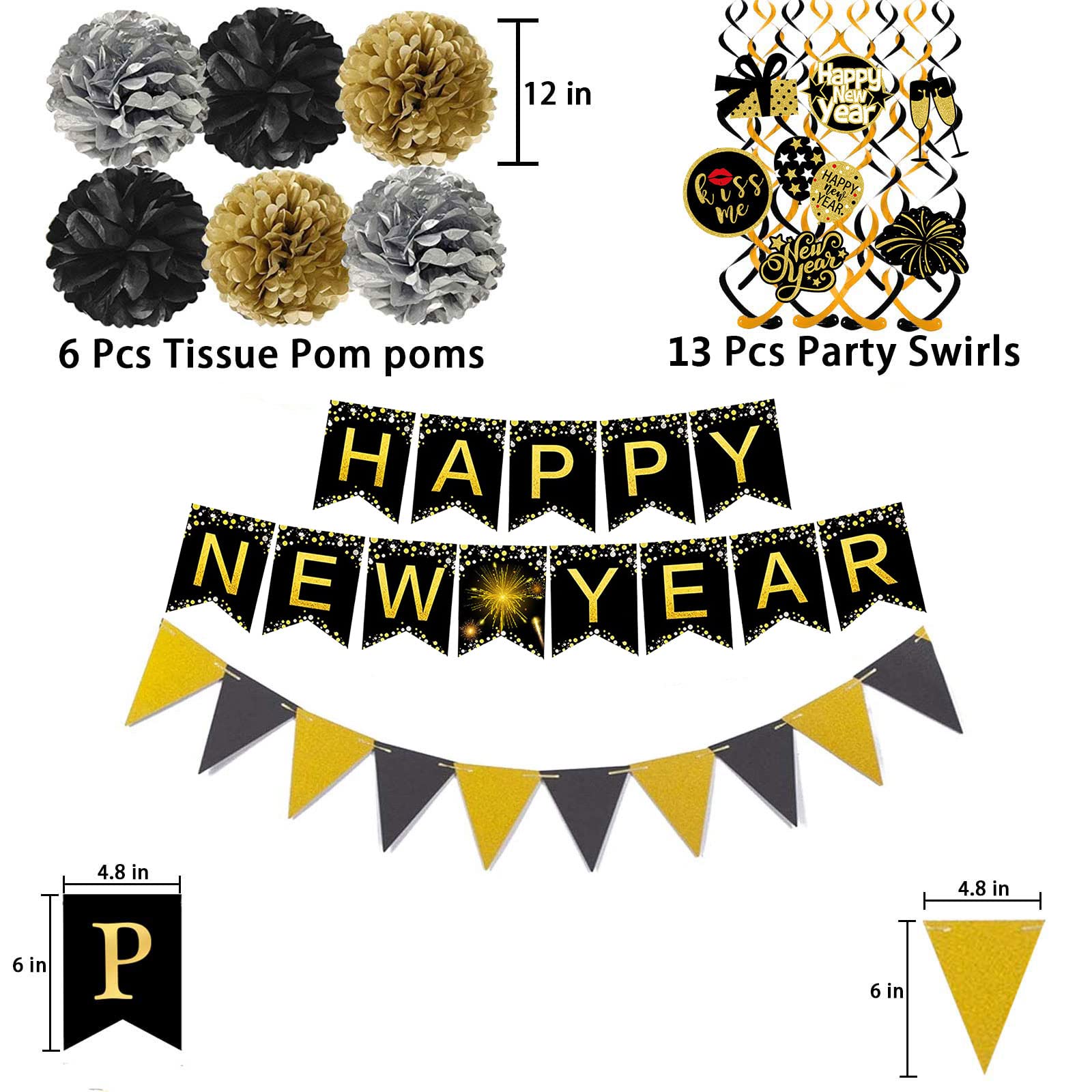 Famoby Happy New Year Banner Pom poms Triangle flag Swirls Garland Hanging Bunting for Happy New