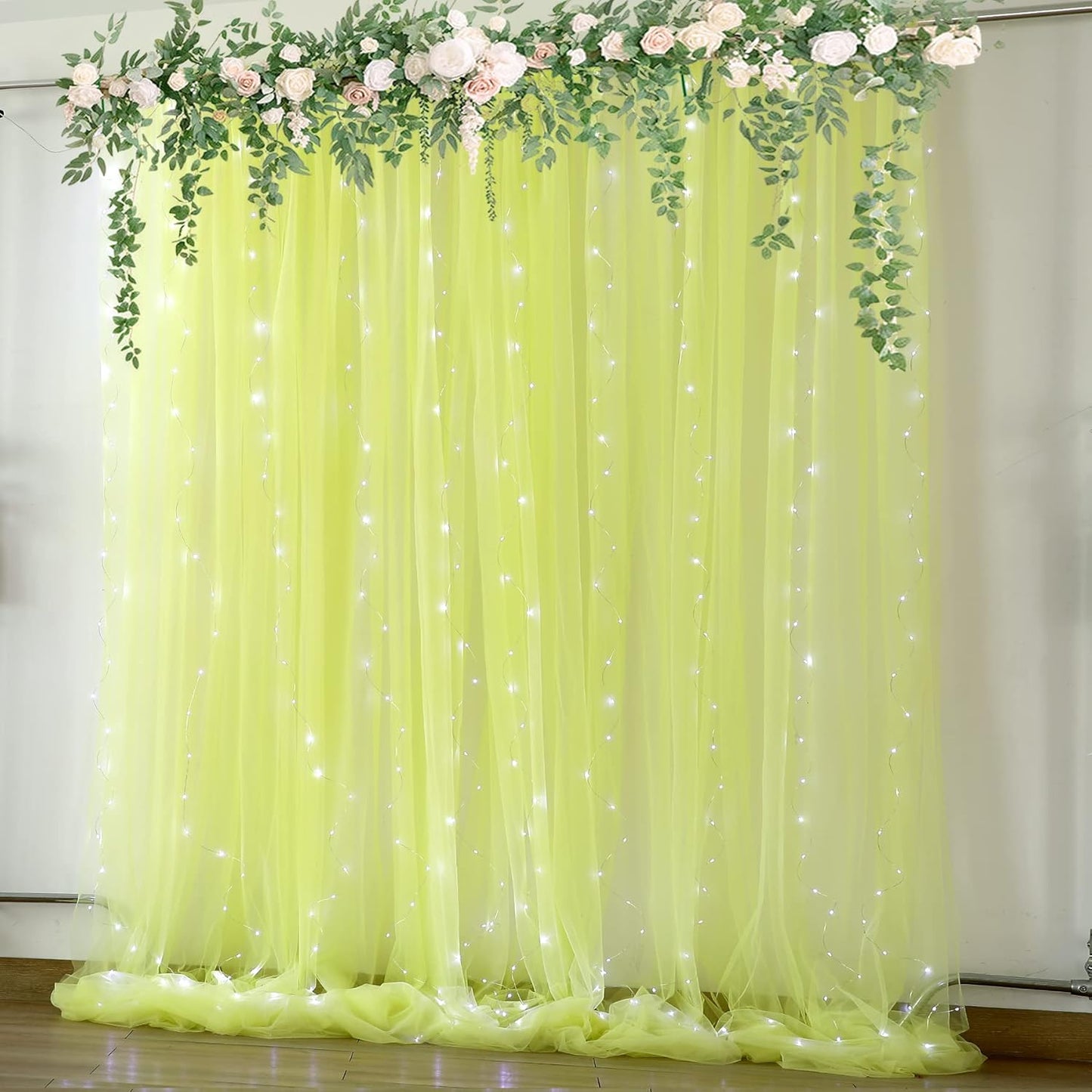 Yellow Sheer Tulle Backdrop Curtains with Lights String for Birthday Party Photoshoot 2 Panels 5×10ft Yellow Backdrop Curtains for Baby Shower Wedding Background Decorations