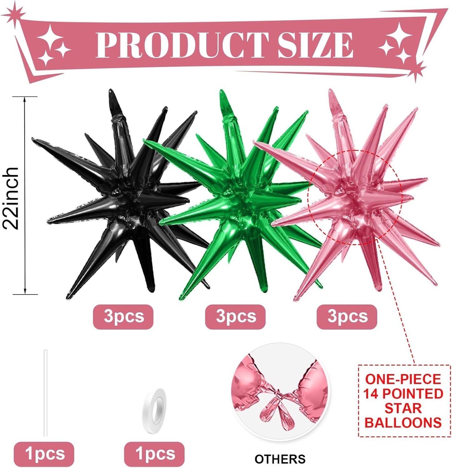 Pink Green Black Star Balloons,9Pcs 22Inch Pink Green Explosion Spike Cone Helium Polyester Film Star Foil Balloons for Witch Birthday Anniversary Disco Party Decorations