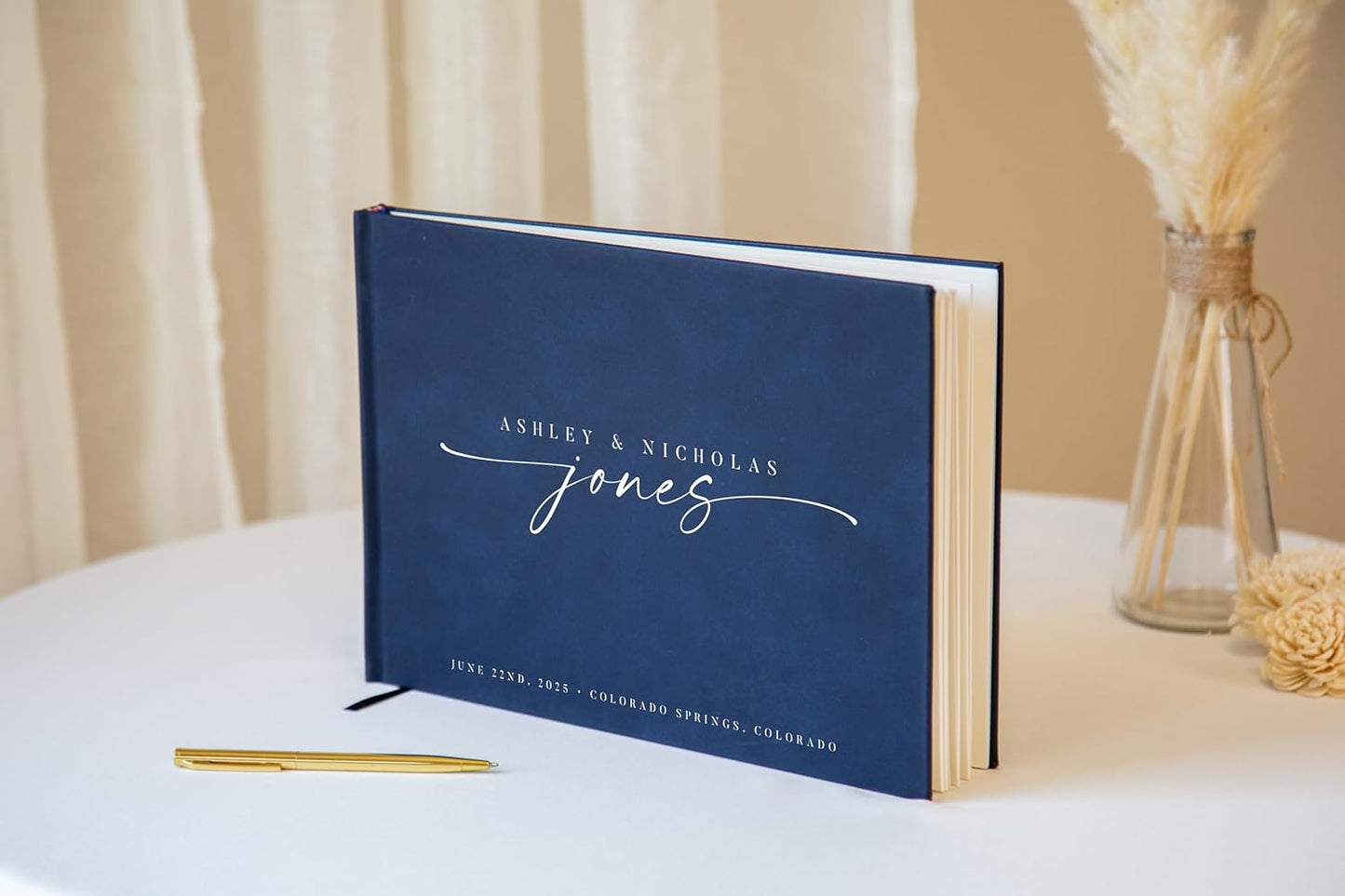 Personalized Guest Book - 11.5" x 8.5" Custom Bride & Groom Names with Bookmark and Hard Cover 140 GSM Blank Pages, for Weddings Guest Book, Engagements, Birthdays, Special Events, Navy